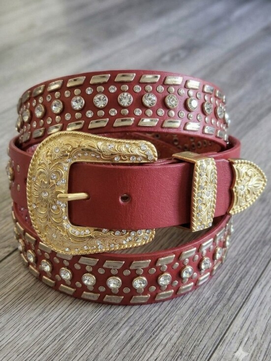 Vintage Accessories - Vintage Red Western Bling Belt with Gold Ornate Buckle XXL 44"